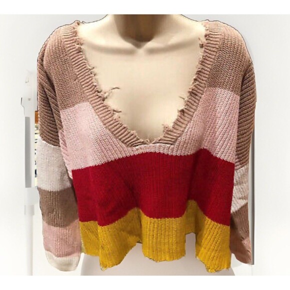 Fate Multi Color Size Medium Striped Long Sleeve V Neck‎ Cotton Cropped Sweater - Picture 1 of 6